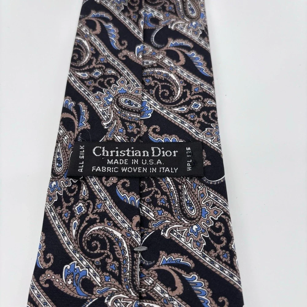 Christian Dior Vintage Silk Paisley Stripe Necktie Men OS Blue Tan Italy USA